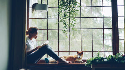 Woman reads with her dog by the window.