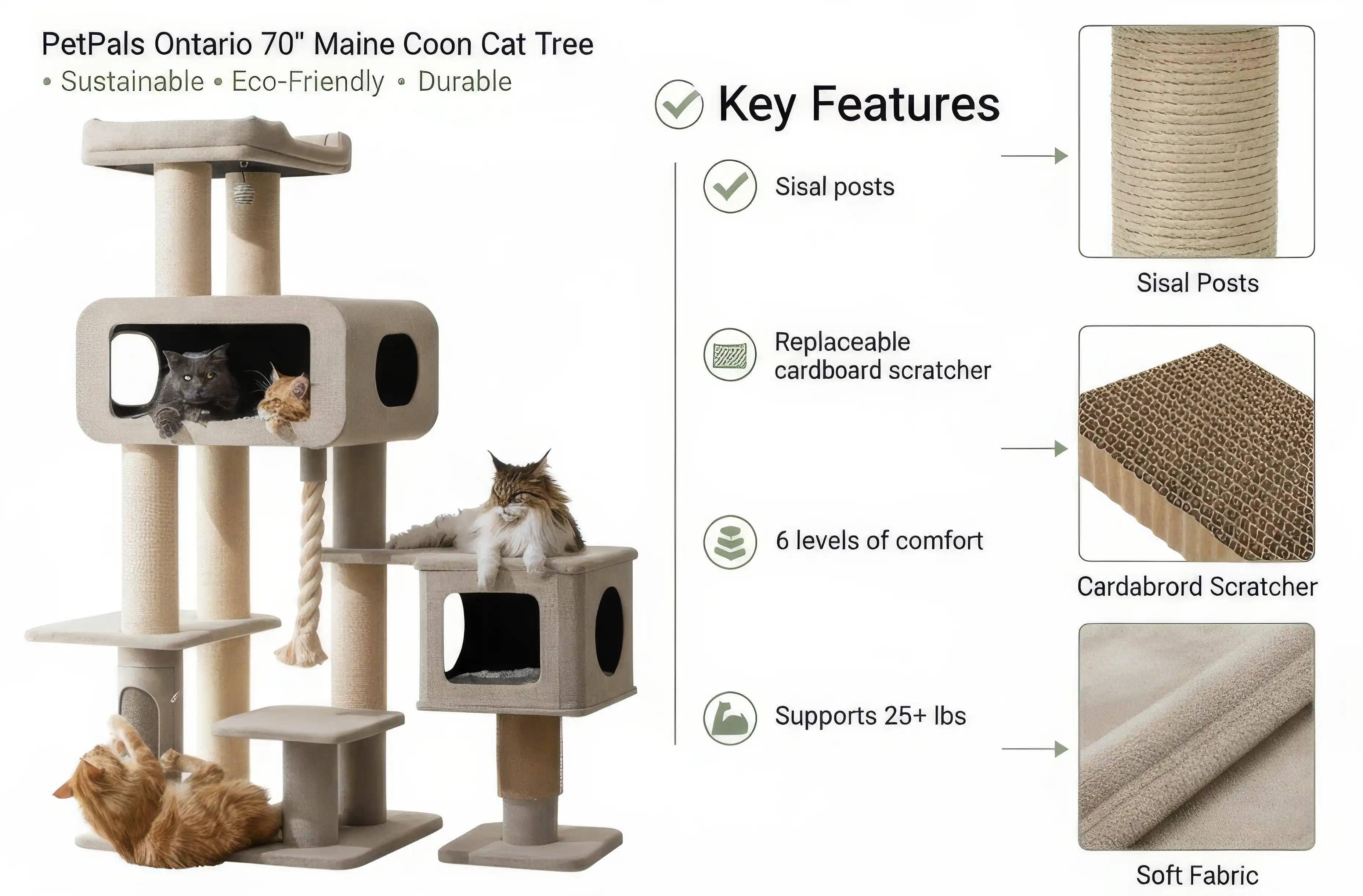 Banner Sustainable Multi-Level Cat Tree- 70-Inch with 6 levels